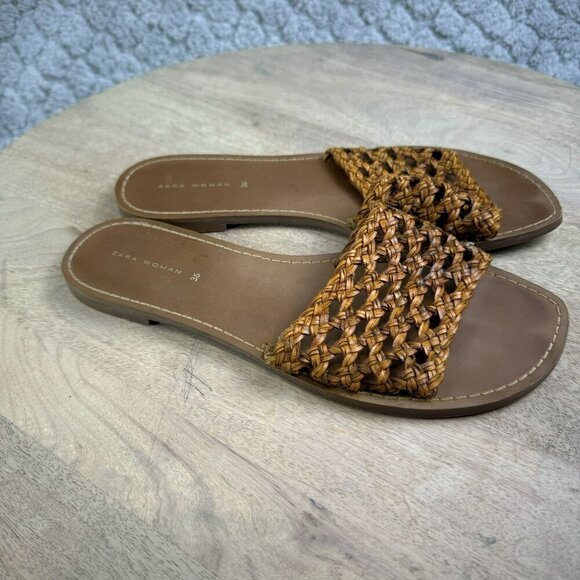 Zara Woman Woven Slide Sandals Size 36/6 Brown Tan Rattan Flats - Picture 4 of 4